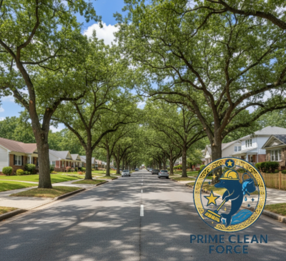 A clean, tree-lined residential street in College Park, GA.