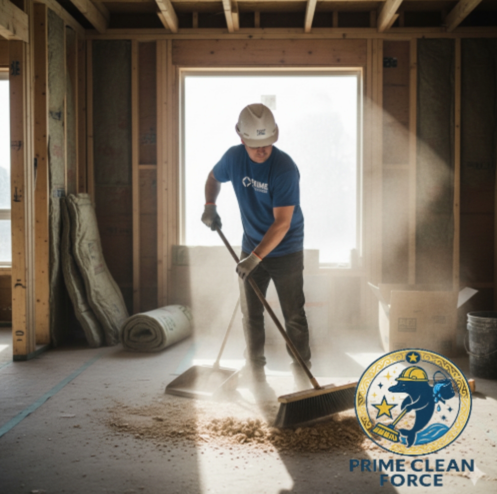 A construction worker sweeping up dust and debris in a room under renovation.