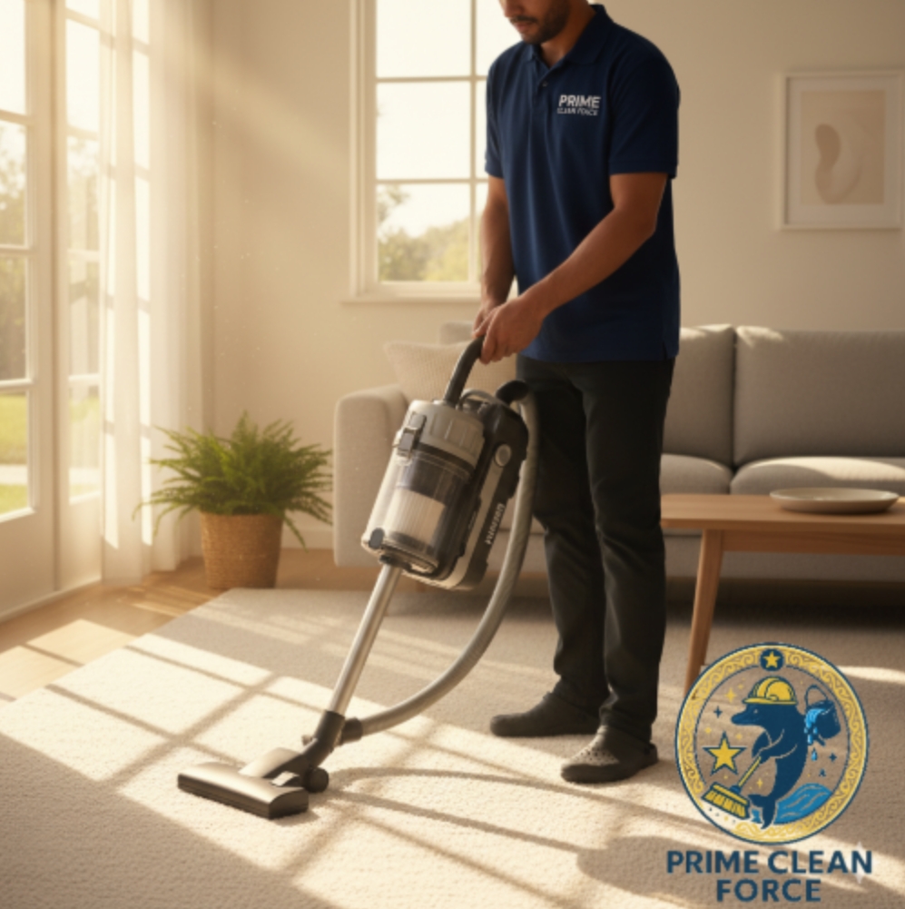 A HEPA-filter vacuum cleaner being used on a carpet in a sunlit living room.
