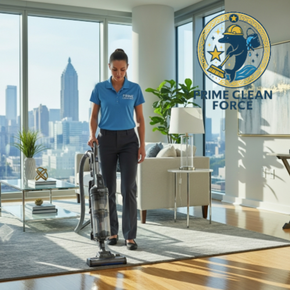 Professional cleaner vacuuming a bright modern living room in a high-rise apartment in Midtown Atlanta, GA