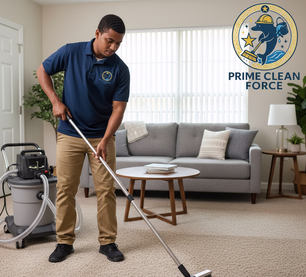 A professional carpet cleaning technician using a hot water extraction wand on a residential carpet.