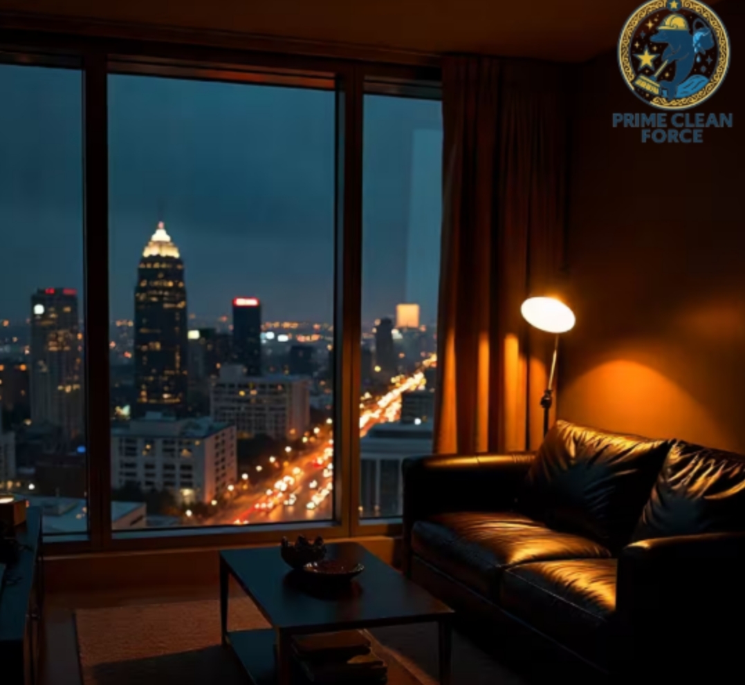 A modern, luxurious high-rise apartment living room with a stunning city view of Atlanta.