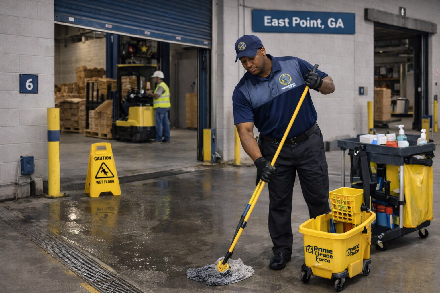 Prime Clean Force employee cleaning a loading dock in East Point, GA