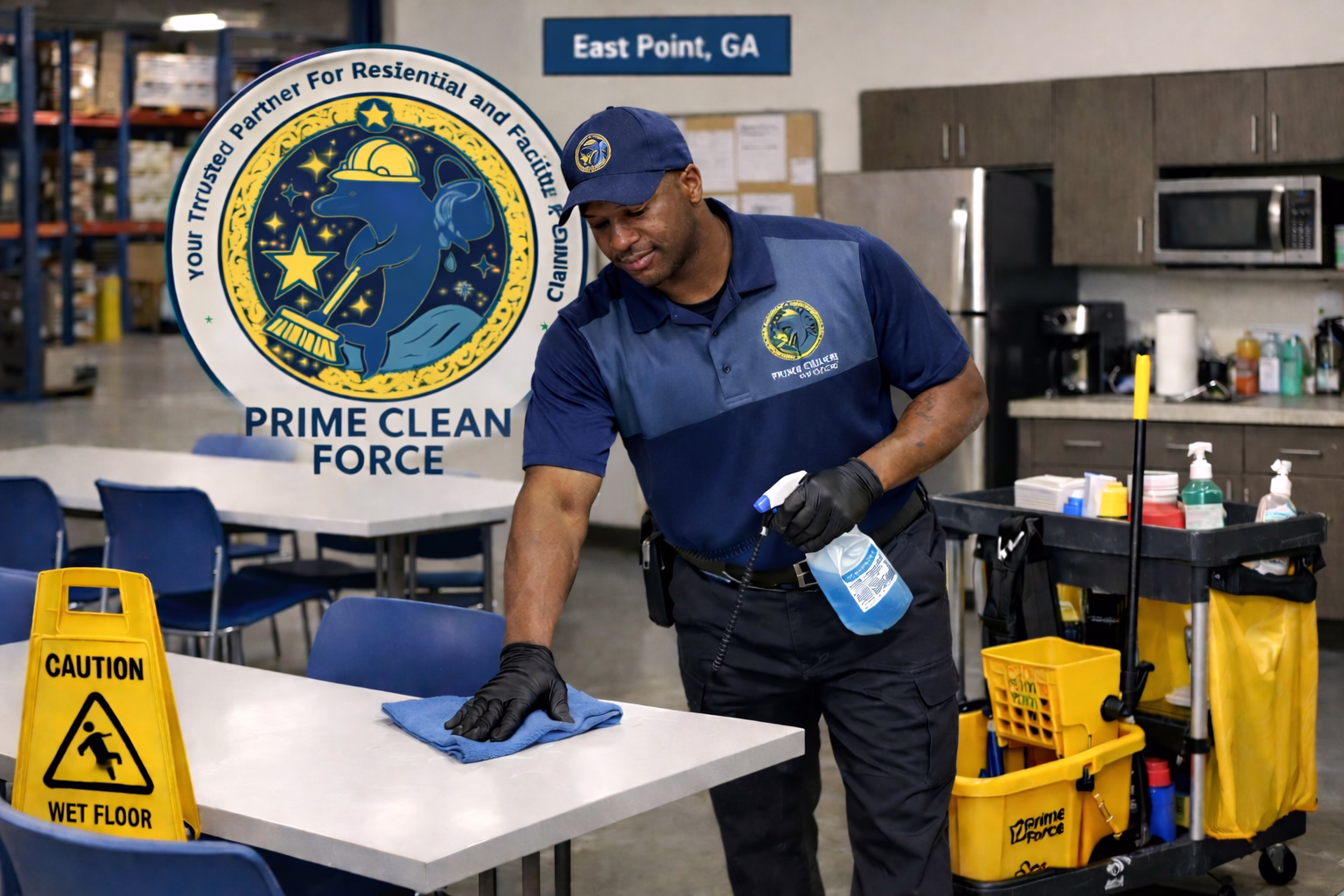 Prime Clean Force professional cleaning a commercial breakroom in East Point, GA