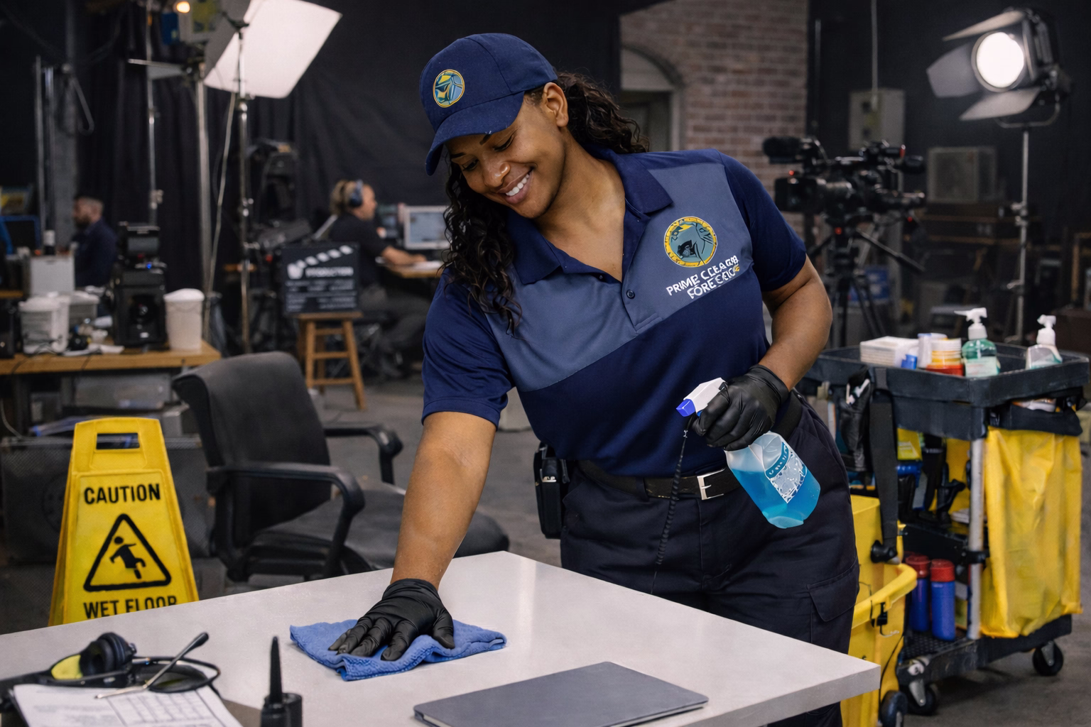 Prime Clean Force employee quietly cleaning a production office support space in a film and studio environment