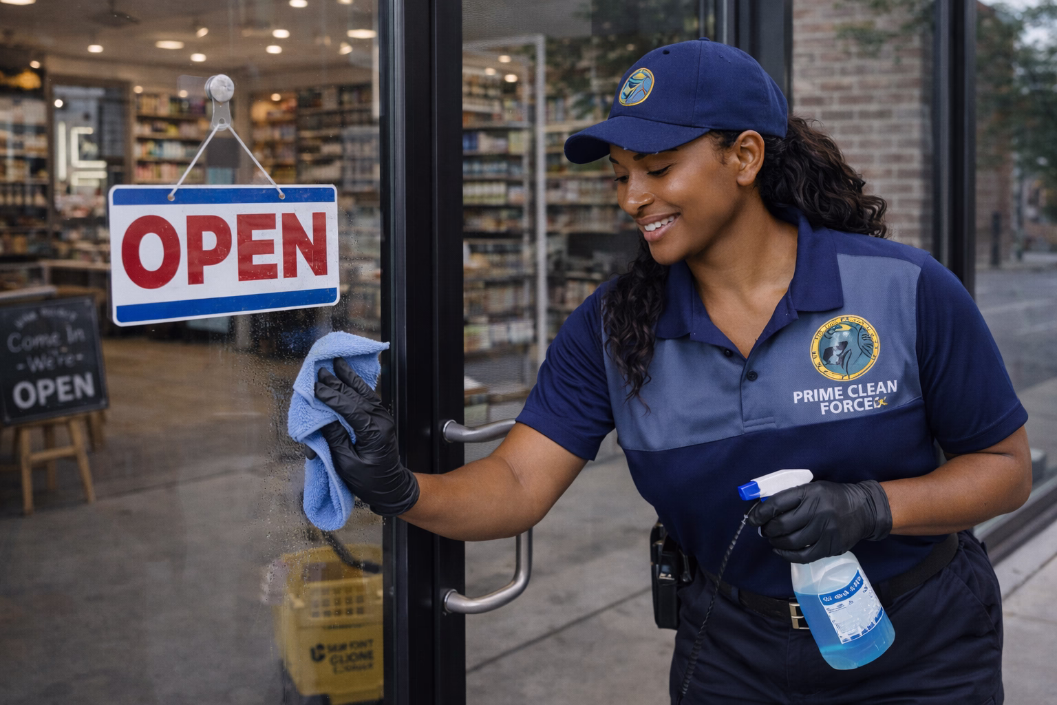 Prime Clean Force employee preparing a retail storefront for opening readiness in East Point
